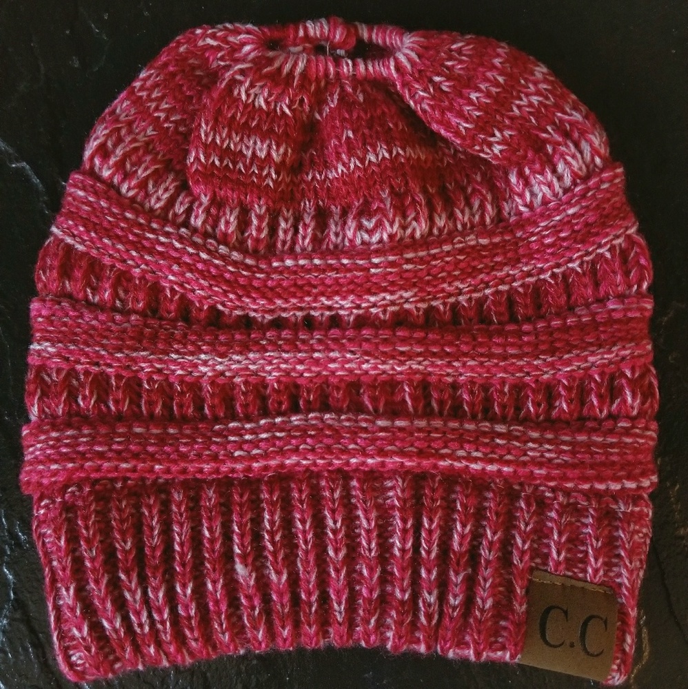 Messy Bun Ponytail Beanie Pink/White Knit Hat